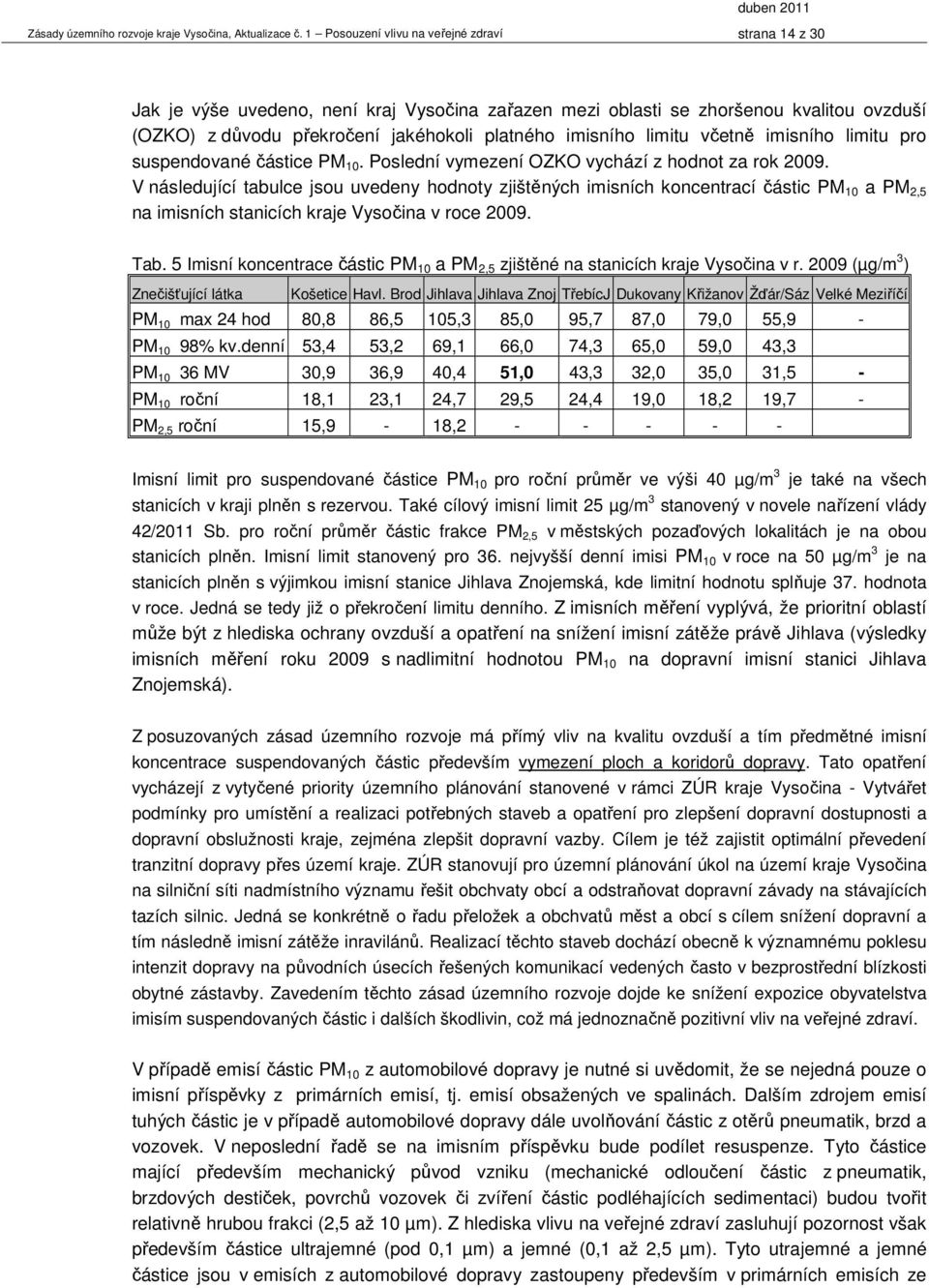 V následující tabulce jsou uvedeny hodnoty zjištěných imisních koncentrací částic PM 10 a PM 2,5 na imisních stanicích kraje Vysočina v roce 2009. Tab.