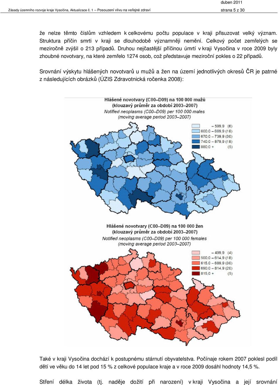 Druhou nejčastější příčinou úmrtí v kraji Vysočina v roce 2009 byly zhoubné novotvary, na které zemřelo 1274 osob, což představuje meziroční pokles o 22 případů.