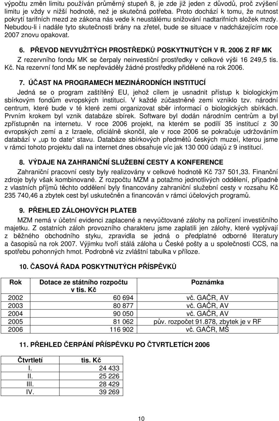 Nebudou-li i nadále tyto skutečnosti brány na zřetel, bude se situace v nadcházejícím roce 2007 znovu opakovat. 6. PŘEVOD NEVYUŽITÝCH PROSTŘEDKŮ POSKYTNUTÝCH V R.