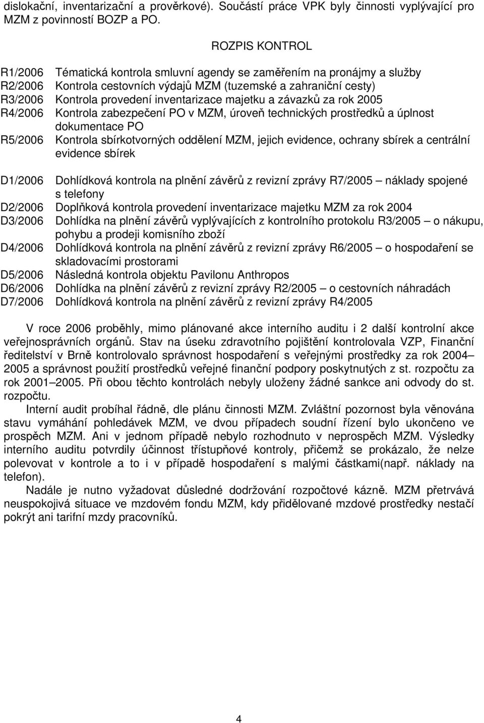 inventarizace majetku a závazků za rok 2005 R4/2006 Kontrola zabezpečení PO v MZM, úroveň technických prostředků a úplnost dokumentace PO R5/2006 Kontrola sbírkotvorných oddělení MZM, jejich