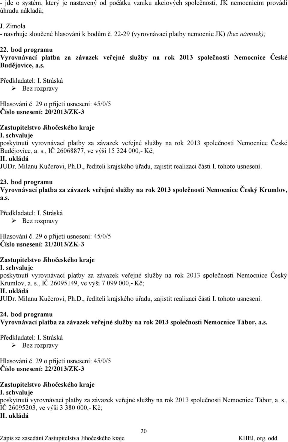 Stráská Hlasování č. 29 o přijetí usnesení: 45/0/5 Číslo usnesení: 20/2013/ZK-3 poskytnutí vyrovnávací platby za závazek veřejné sluţby na rok 2013 společnosti Nemocnice České Budějovice, a. s., IČ 26068877, ve výši 15 324 000,- Kč; JUDr.