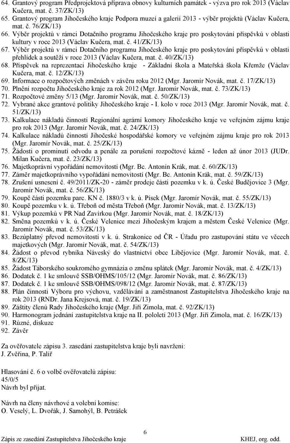 Výběr projektů v rámci Dotačního programu Jihočeského kraje pro poskytování příspěvků v oblasti kultury v roce 2013 (Václav Kučera, mat. č. 41/ZK/13) 67.