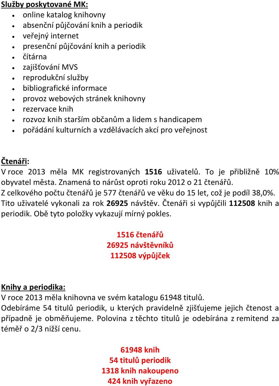 registrovaných 1516 uživatelů. To je přibližně 10% obyvatel města. Znamená to nárůst oproti roku 2012 o 21 čtenářů. Z celkového počtu čtenářů je 577 čtenářů ve věku do 15 let, což je podíl 38,0%.