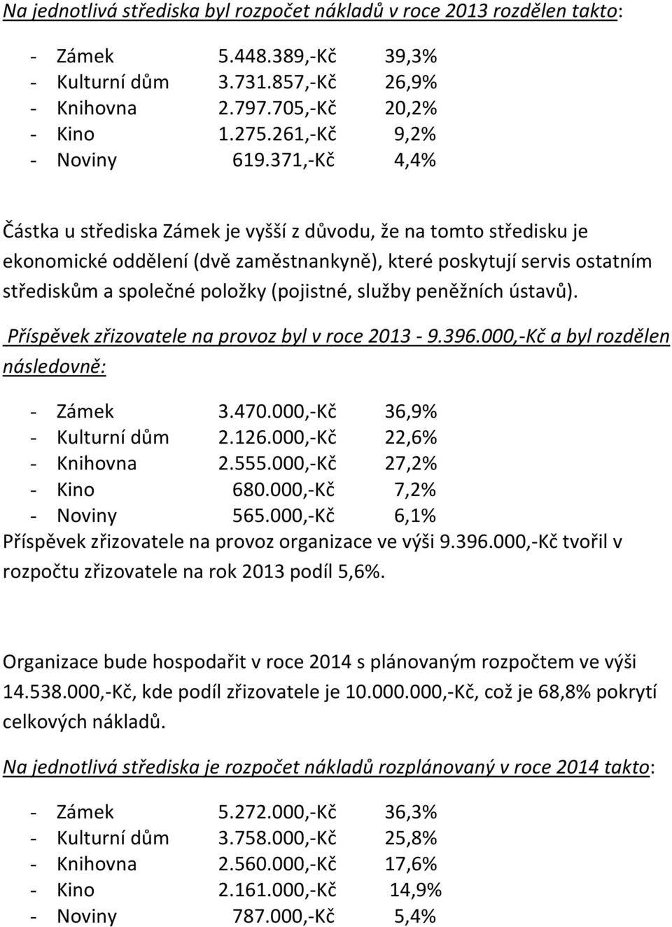 371,-Kč 4,4% Částka u střediska Zámek je vyšší z důvodu, že na tomto středisku je ekonomické oddělení (dvě zaměstnankyně), které poskytují servis ostatním střediskům a společné položky (pojistné,