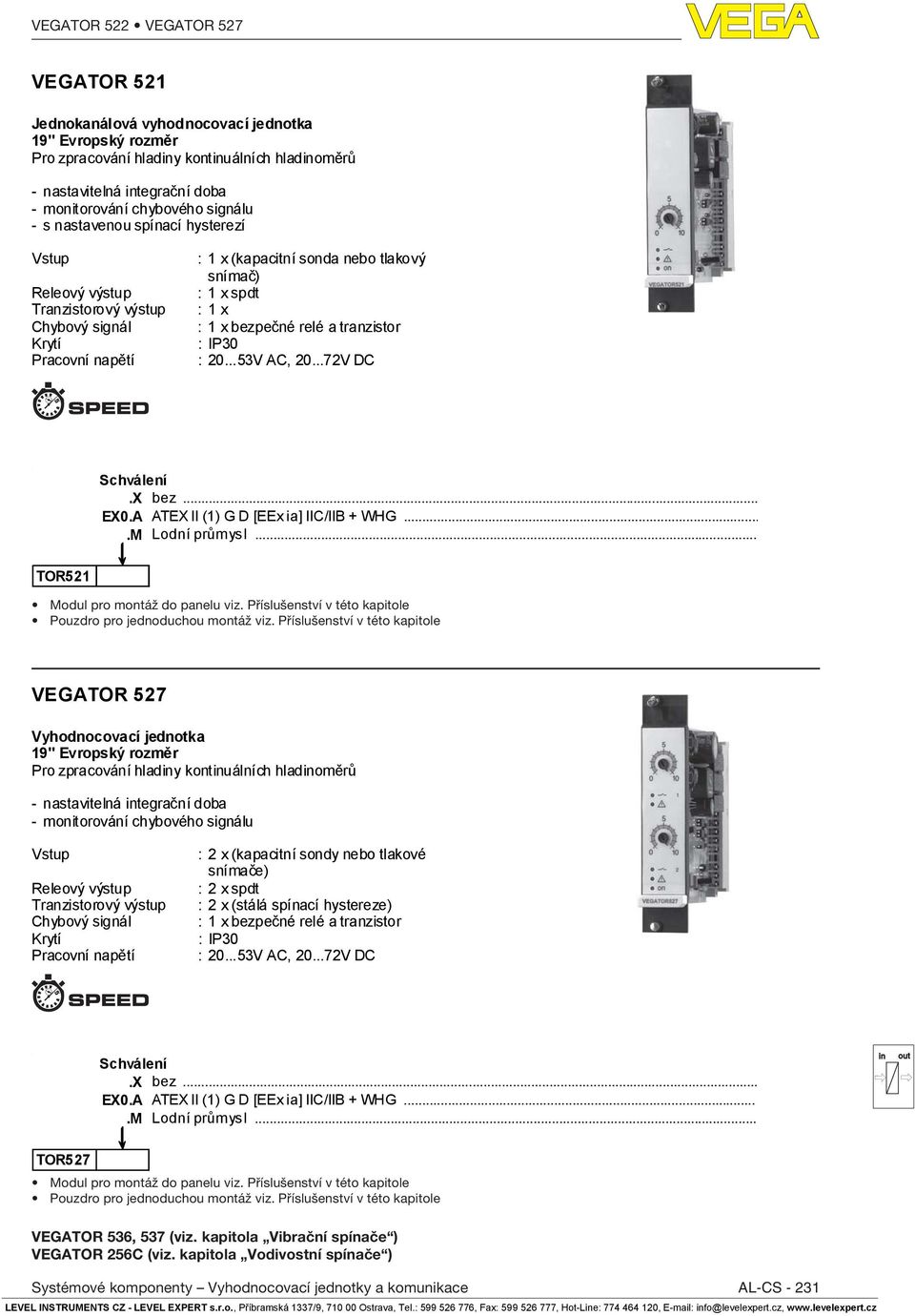 ..53V AC, 20...72V DC.X bez... EX0.A ATEX II (1) G D [EEx ia] IIC/IIB + WHG....M Lodní průmysl... TOR521 Modul pro montáž do panelu viz.