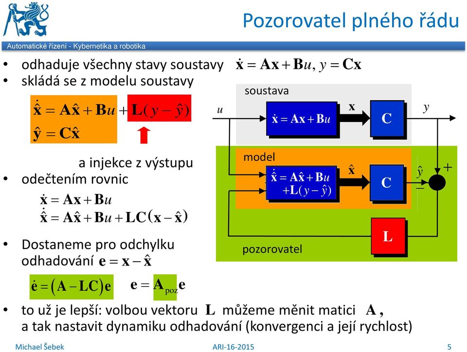 odchylku odhadování e= x xˆ e = ( A L) e e= A e poz = Ax + Buy, = x = Ax + Bu to už je lepší: volbou vektoru L můžeme měnit