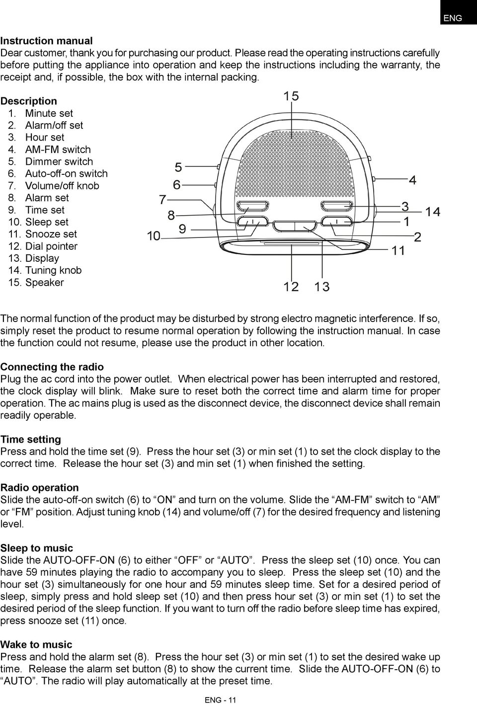 packing. Description 1. Minute set 2. Alarm/off set 3. Hour set 4. AM-FM switch 5. Dimmer switch 6. Auto-off-on switch 7. Volume/off knob 8. Alarm set 9. Time set 10. Sleep set 11. Snooze set 12.