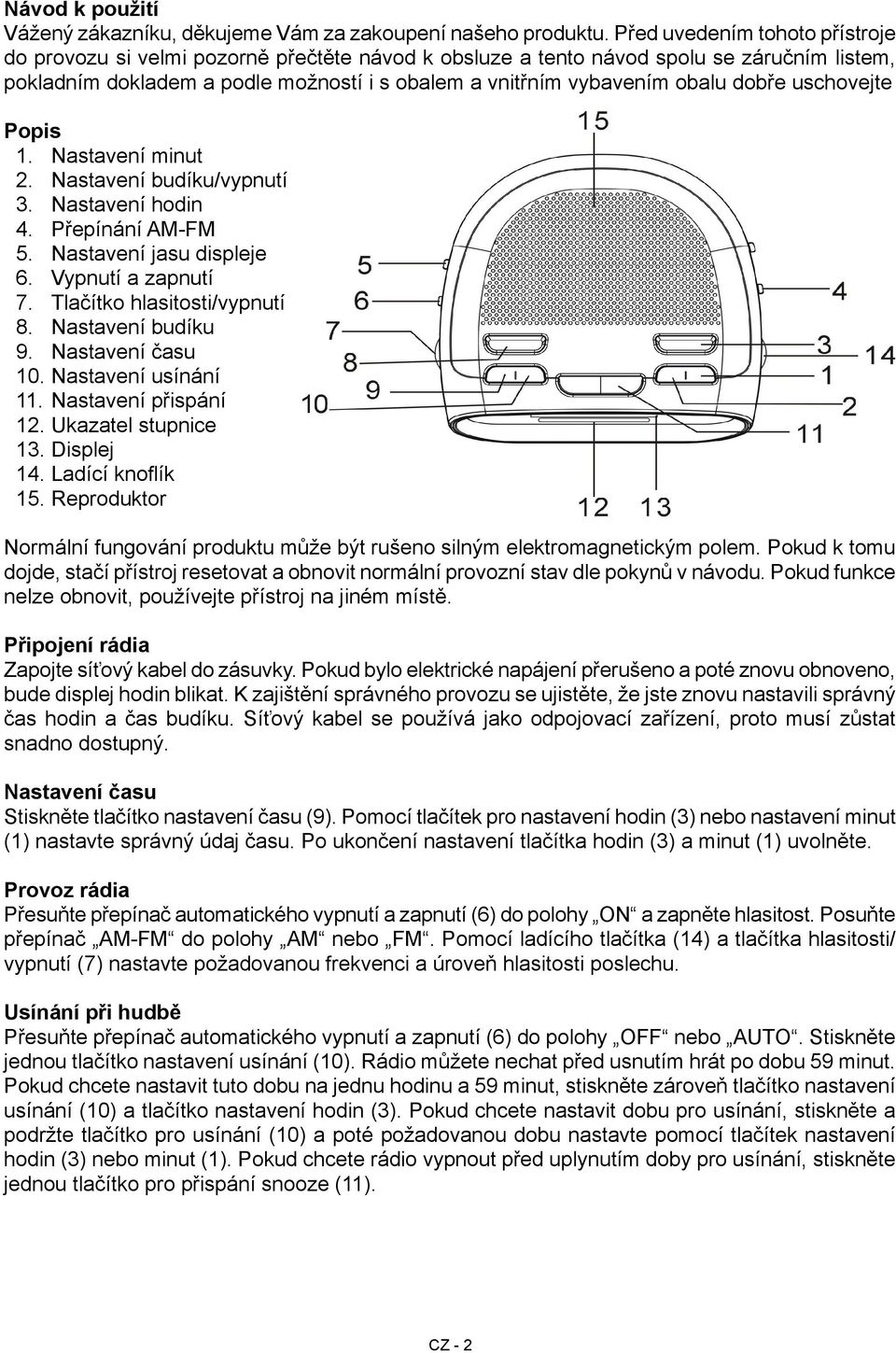 dobře uschovejte Popis 1. Nastavení minut 2. Nastavení budíku/vypnutí 3. Nastavení hodin 4. Přepínání AM-FM 5. Nastavení jasu displeje 6. Vypnutí a zapnutí 7. Tlačítko hlasitosti/vypnutí 8.