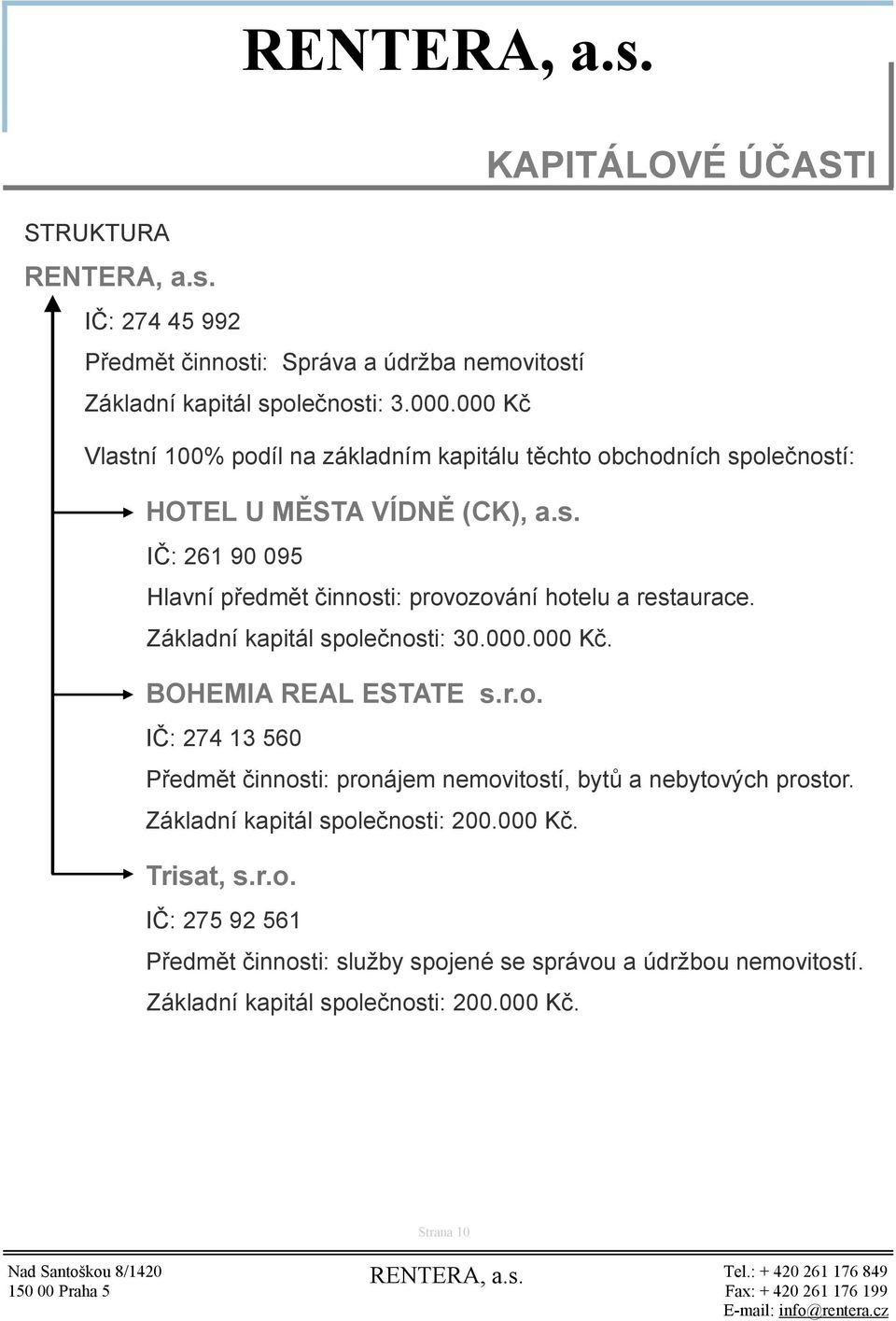 Základní kapitál společnosti: 30.000.000 Kč. BOHEMIA REAL ESTATE s.r.o. IČ: 274 13 560 Předmět činnosti: pronájem nemovitostí, bytů a nebytových prostor.