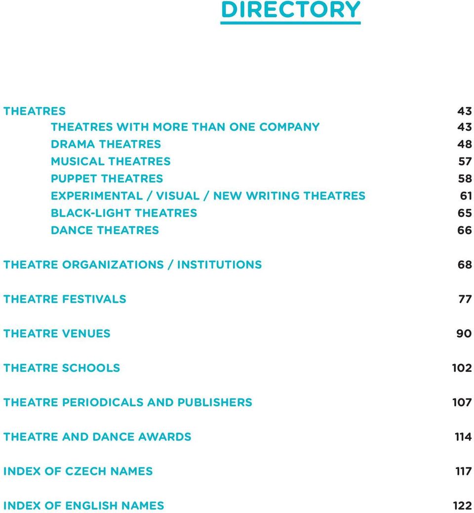 THEATRE ORGANIZATIONS / INSTITUTIONS 68 THEATRE FESTIVALS 77 THEATRE VENUES 90 THEATRE SCHOOLS 102 THEATRE