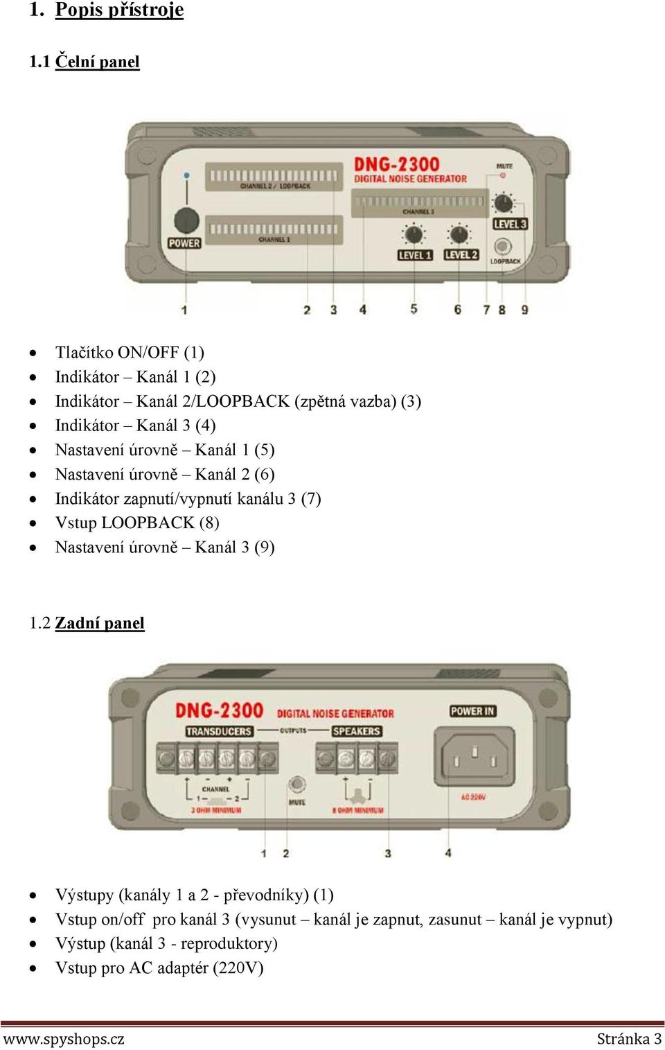 Nastavení úrovně Kanál 1 (5) Nastavení úrovně Kanál 2 (6) Indikátor zapnutí/vypnutí kanálu 3 (7) Vstup LOOPBACK (8) Nastavení