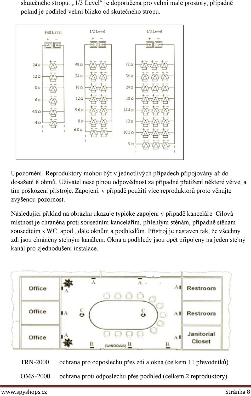 Zapojení, v případě použití více reproduktorů proto věnujte zvýšenou pozornost. Následující příklad na obrázku ukazuje typické zapojení v případě kanceláře.