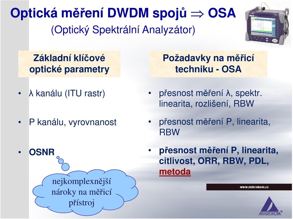 nejkomplexnější nároky na měřicí přístroj přesnost měření λ, spektr.