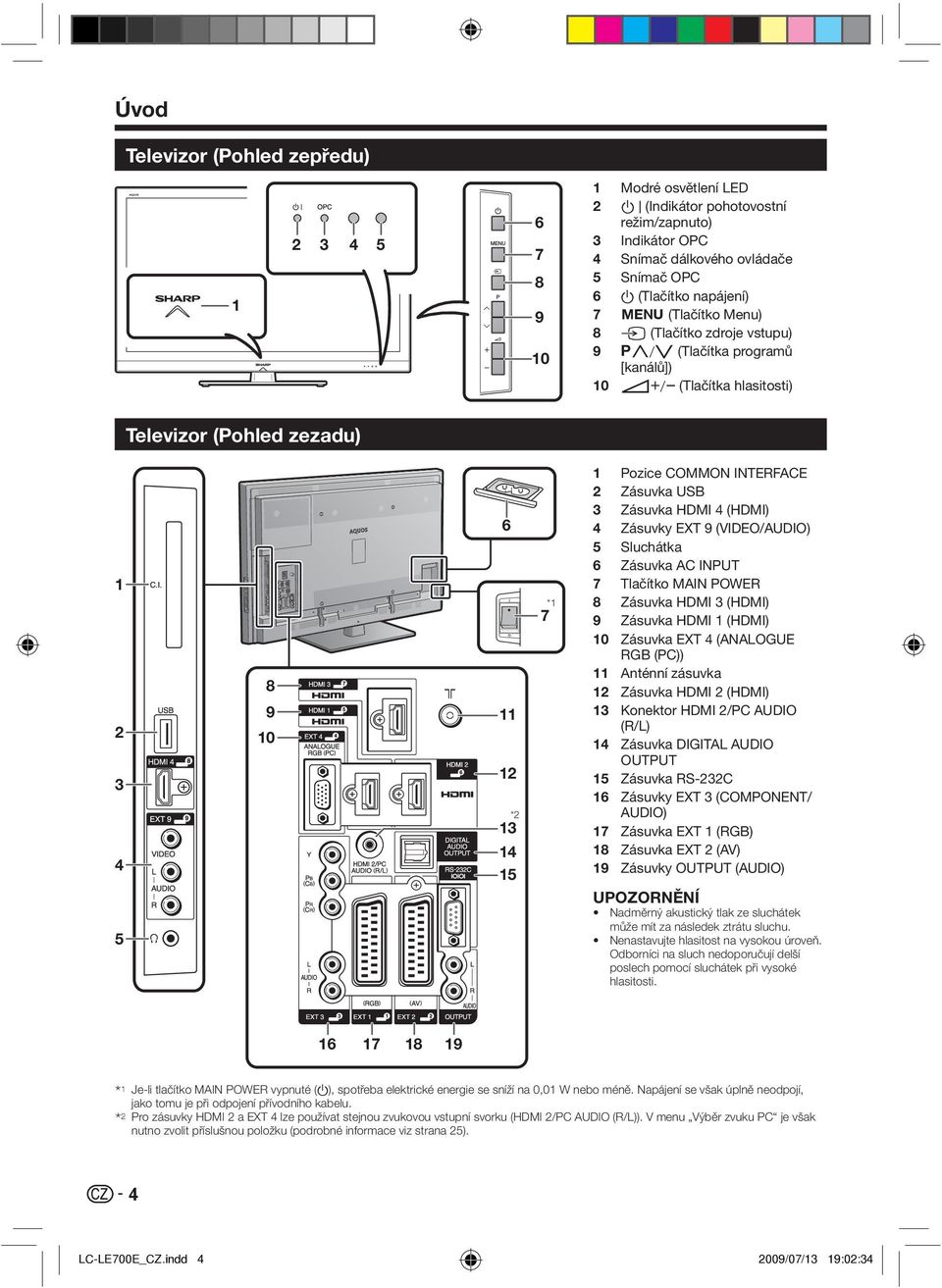 INTERFACE Zásuvka USB Zásuvka HDMI 4 (HDMI) Zásuvky EXT 9 (VIDEO/AUDIO) Sluchátka Zásuvka AC INPUT Tlačítko MAIN POWER Zásuvka HDMI 3 (HDMI) Zásuvka HDMI (HDMI) Zásuvka EXT 4 (ANALOGUE RGB (PC))