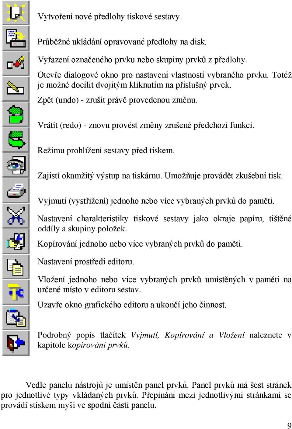 Vrátit (redo) - znovu provést změny zrušené předchozí funkcí. Režimu prohlížení sestavy před tiskem. Zajistí okamžitý výstup na tiskárnu. Umožňuje provádět zkušební tisk.