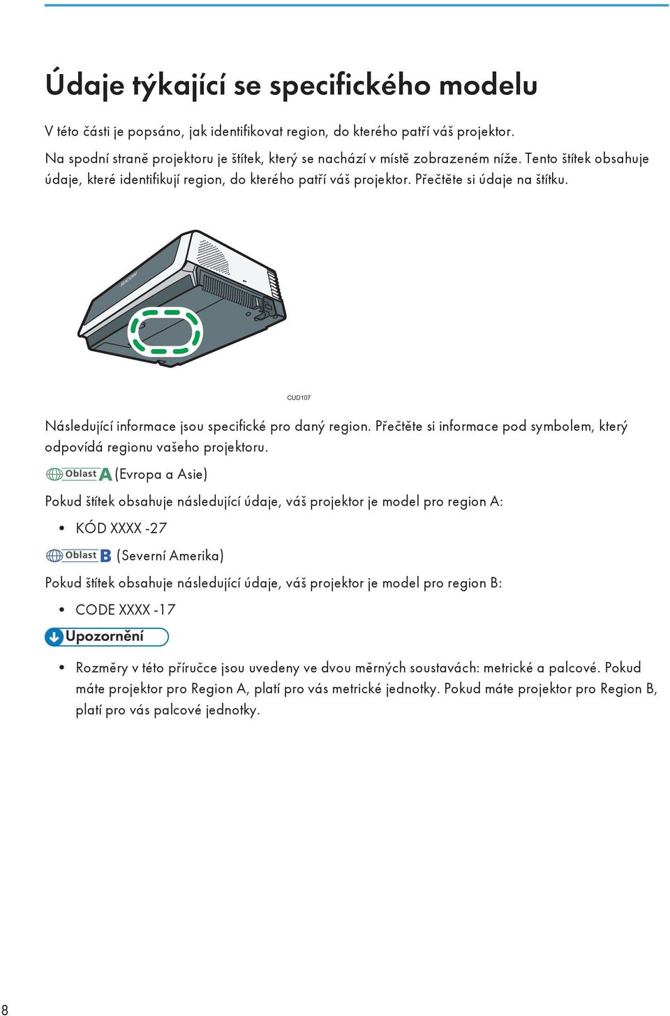 CUD107 Následující informace jsou specifické pro daný region. Přečtěte si informace pod symbolem, který odpovídá regionu vašeho projektoru.