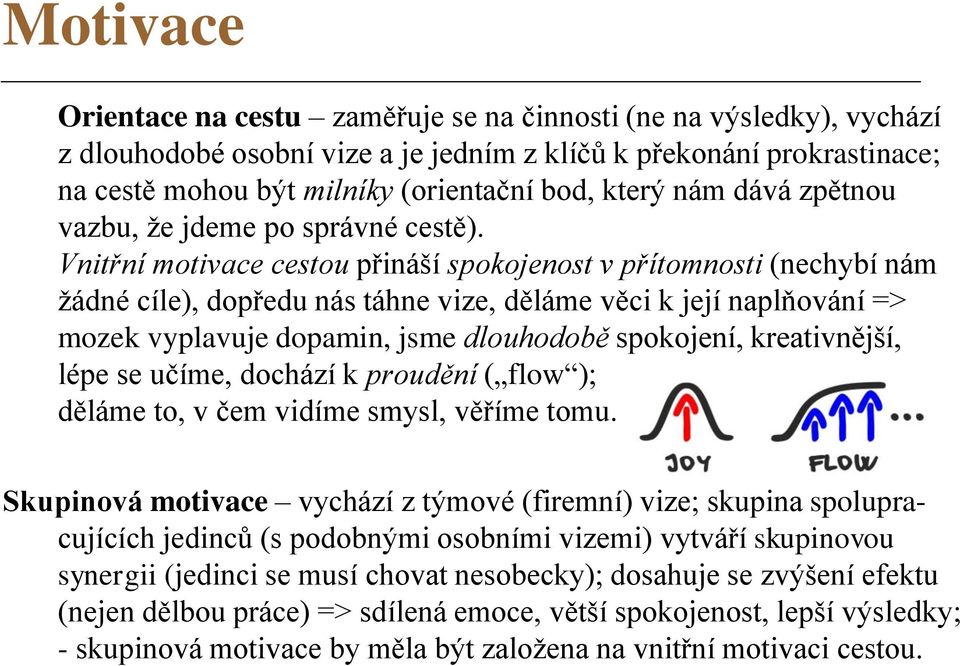 Vnitřní motivace cestou přináší spokojenost v přítomnosti (nechybí nám žádné cíle), dopředu nás táhne vize, děláme věci k její naplňování => mozek vyplavuje dopamin, jsme dlouhodobě spokojení,