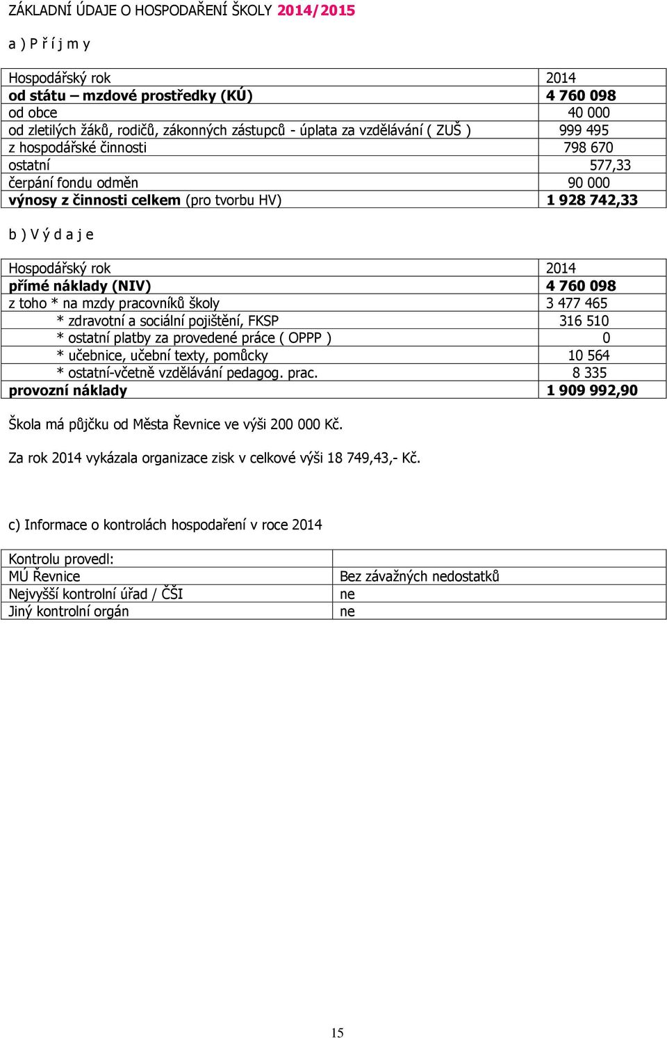 náklady (NIV) 4 760 098 z toho * na mzdy pracovníků školy 3 477 465 * zdravotní a sociální pojištění, FKSP 316 510 * ostatní platby za provedené práce ( OPPP ) 0 * učebnice, učební texty, pomůcky 10