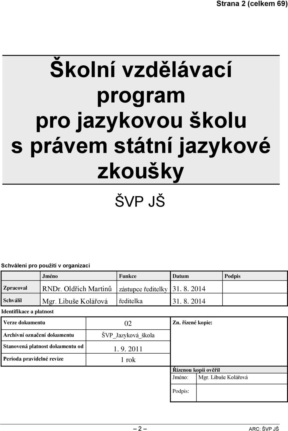 Libuše Kolářová ředitelka 31. 8. 2014 Identifikace a platnost Verze dokumentu 02 Zn.