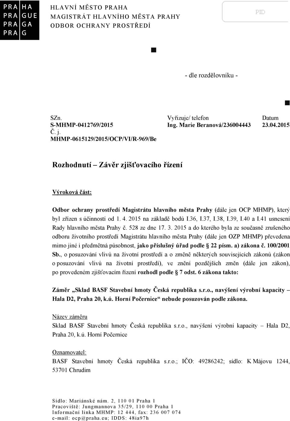 2015 na základě bodů I.36, I.37, I.38, I.39, I.40 a I.41 usnesení Rady hlavního města Prahy č. 528 ze dne 17. 3.