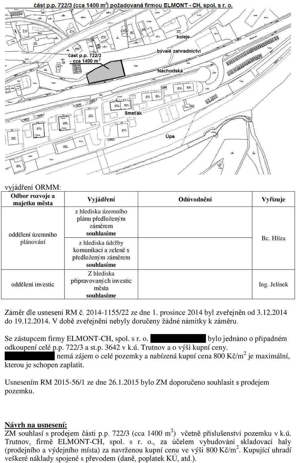 Se zástupcem firmy ELMONT-CH, spol. s r. o. p. Chroustovským bylo jednáno o případném odkoupení celé p.p. 722/3 a st.p. 3642 v k.ú. Trutnov a o výši kupní ceny. P.