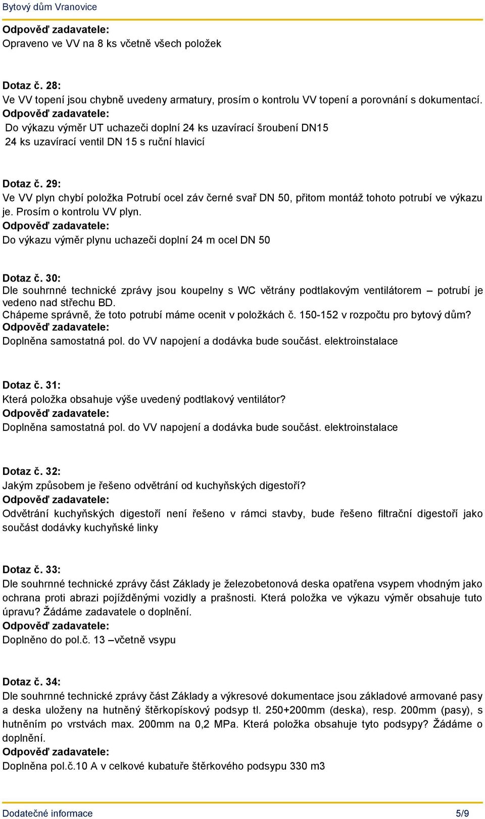 29: Ve VV plyn chybí položka Potrubí ocel záv černé svař DN 50, přitom montáž tohoto potrubí ve výkazu je. Prosím o kontrolu VV plyn. Do výkazu výměr plynu uchazeči doplní 24 m ocel DN 50 Dotaz č.