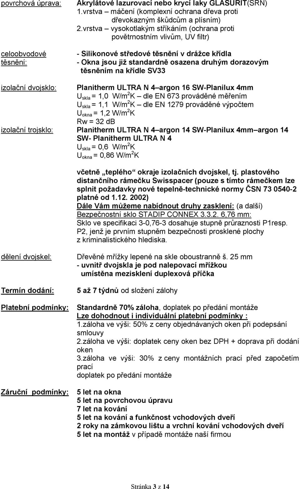 izolační dvojsklo: Planitherm ULTRA N 4 argon 16 SW-Planilux 4mm U skla = 1,0 W/m 2 K dle EN 673 prováděné měřením U skla = 1,1 W/m 2 K dle EN 1279 prováděné výpočtem U okna = 1,2 W/m 2 K Rw = 32 db