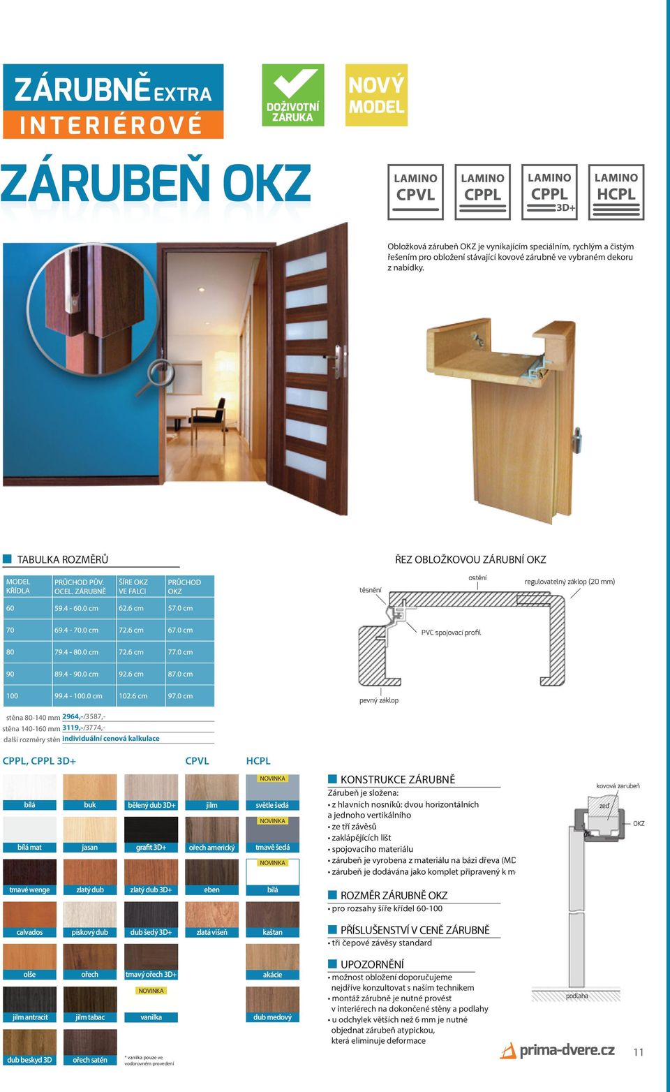 stěn individuální cenová kalkulace CPPL, CPPL 3D+ CPVL HCPL bílá bílá mat buk jasan bělený dub 3D+ jilm ořech americký světle šedá tmavě šedá KONSTRUKCE ZÁRUBNĚ Zárubeň je složena: z hlavních