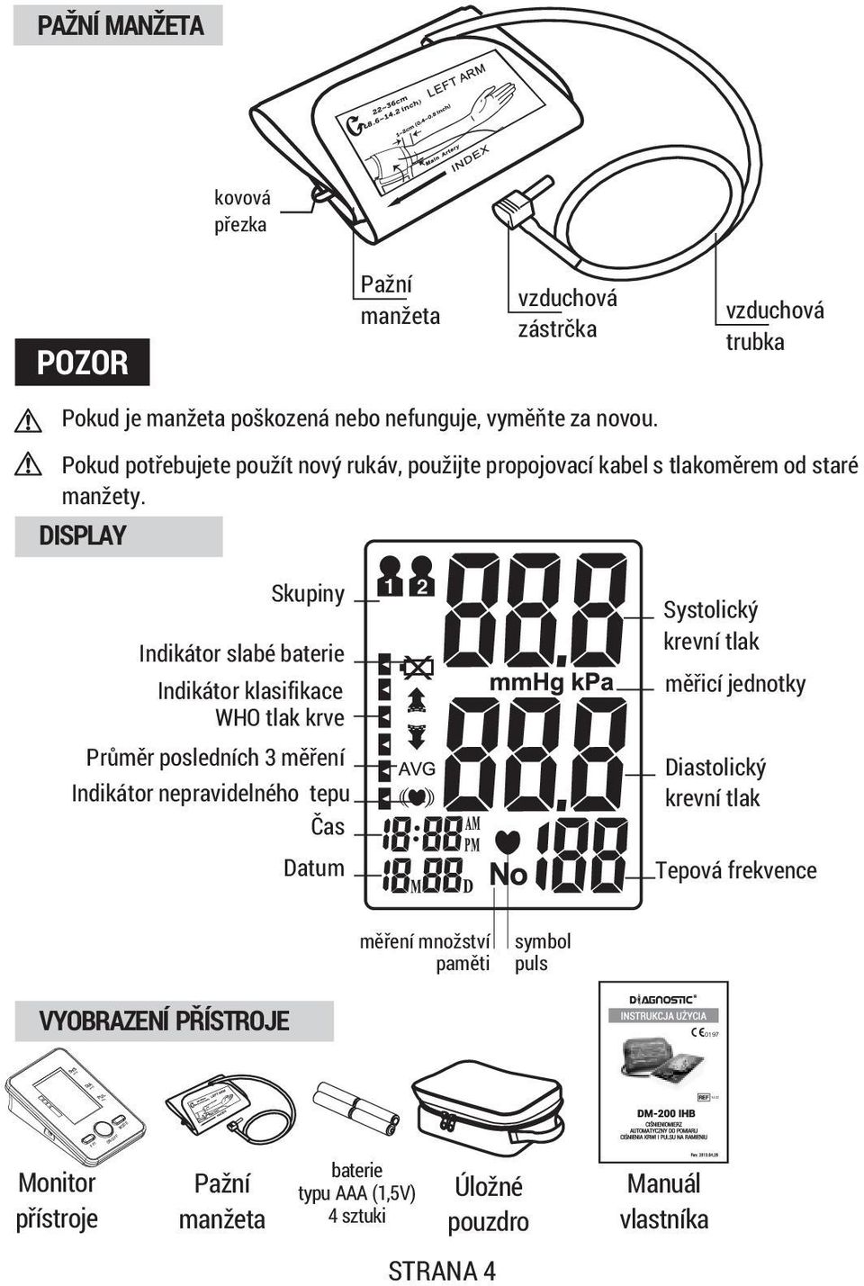 DISPLAY Skupiny Indikátor slabé baterie Indikátor klasifikace WHO tlak krve Prùmìr posledních 3 mìøení Indikátor nepravidelného tepu Èas Datum Systolický krevní tlak