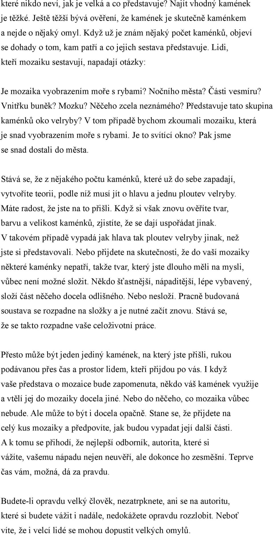 Nočního města? Části vesmíru? Vnitřku buněk? Mozku? Něčeho zcela neznámého? Představuje tato skupina kaménků oko velryby?