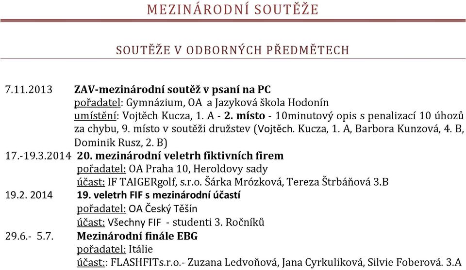 mezinárodní veletrh fiktivních firem pořadatel: OA Praha 10, Heroldovy sady účast: IF TAIGERgolf, s.r.o. Šárka Mrózková, Tereza Štrbáňová 3.B 19.2. 2014 19.