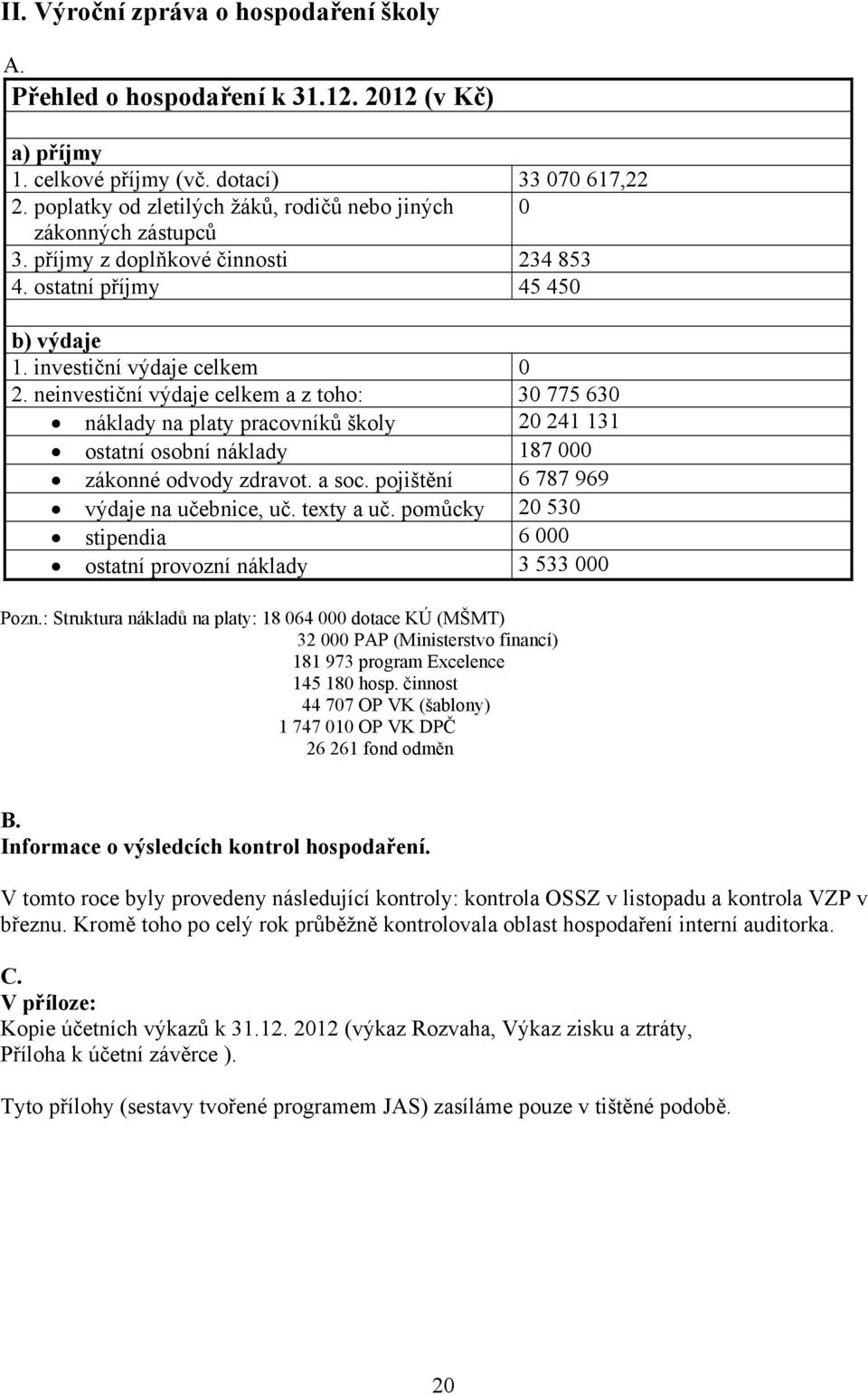 neinvestiční výdaje celkem a z toho: 30 775 630 náklady na platy pracovníků školy 20 241 131 ostatní osobní náklady 187 000 zákonné odvody zdravot. a soc. pojištění 6 787 969 výdaje na učebnice, uč.