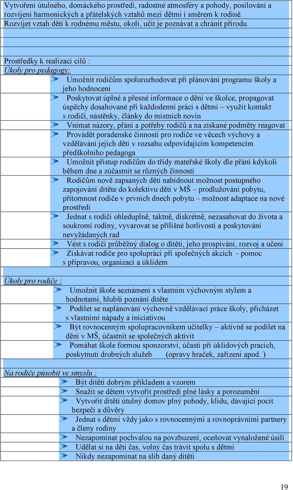 Prostředky k realizaci cílů : Úkoly pro pedagogy: Umožnit rodičům spolurozhodovat při plánování programu školy a jeho hodnocení Poskytovat úplné a přesné informace o dění ve školce, propagovat