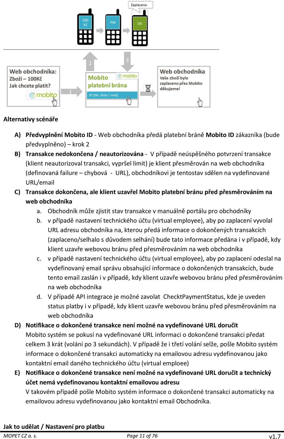 URL/email C) Transakce dokončena, ale klient uzavřel Mobito platební bránu před přesměrováním na web obchodníka a. Obchodník může zjistit stav transakce v manuálně portálu pro obchodníky b.