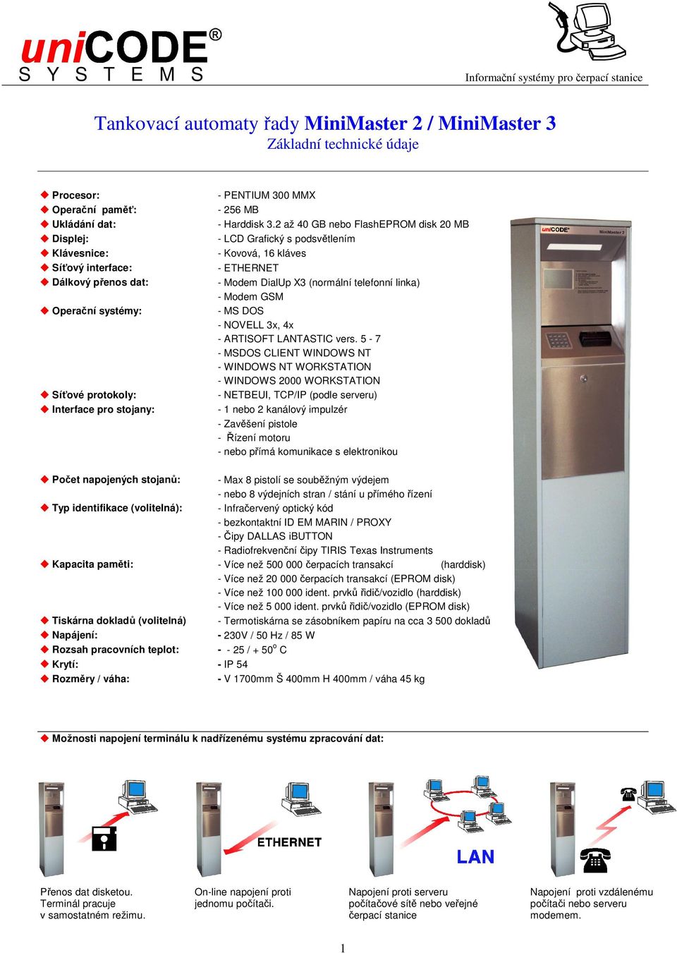 2 až 40 GB nebo FlashEPROM disk 20 MB - LCD Grafický s podsvtlením - Kovová, 16 kláves - ETHERNET - Modem DialUp X3 (normální telefonní linka) - Modem GSM - MS DOS - NOVELL 3x, 4x - ARTISOFT