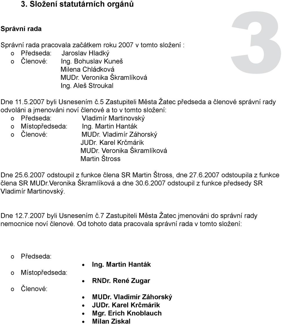 Martin Hanták Členvé: MUDr. Vladimír Záhrský JUDr. Karel Krčmárik MUDr. Vernika Škramlíkvá Martin Štrss Dne 25.6.27 dstupil z funkce člena SR Martin Štrss, dne 27.6.27 dstupila z funkce člena SR MUDr.