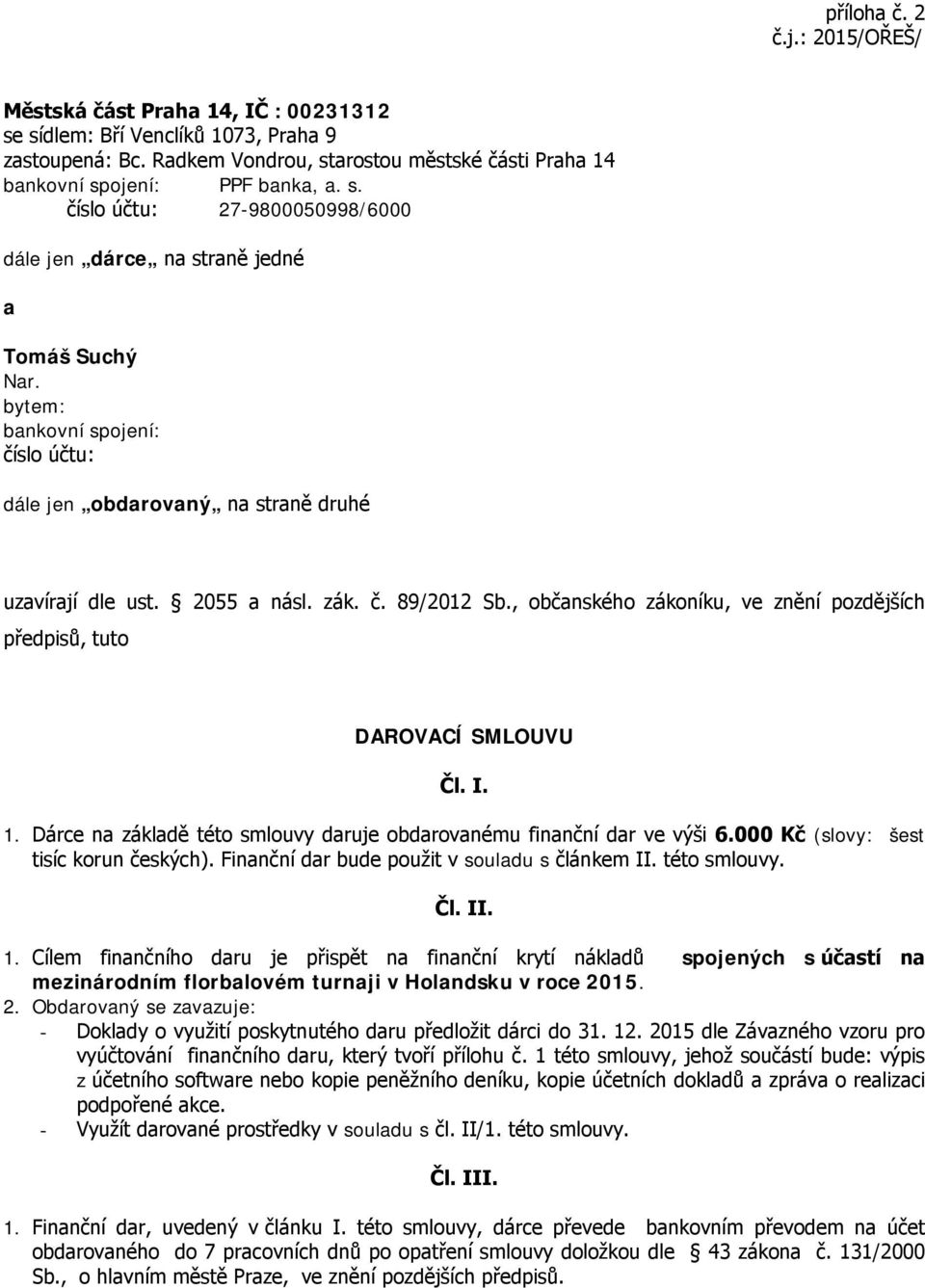 bytem: bankovní spojení: číslo účtu: dále jen obdarovaný na straně druhé uzavírají dle ust. 2055 a násl. zák. č. 89/2012 Sb.