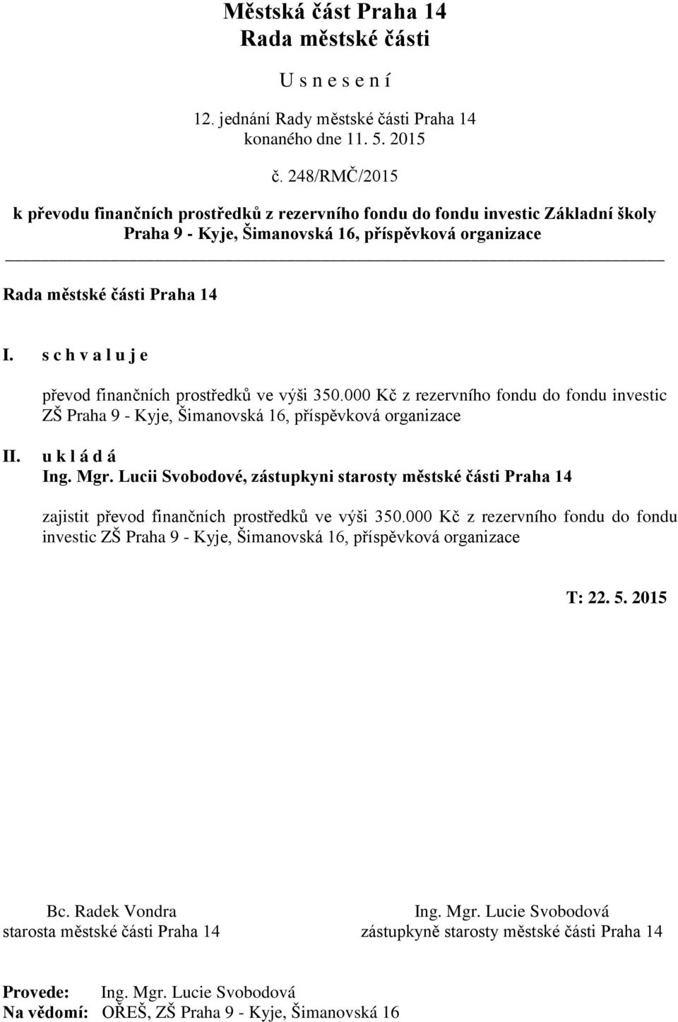 Lucii Svobodové, zástupkyni starosty městské části Praha 14 zajistit převod finančních prostředků ve výši 350.