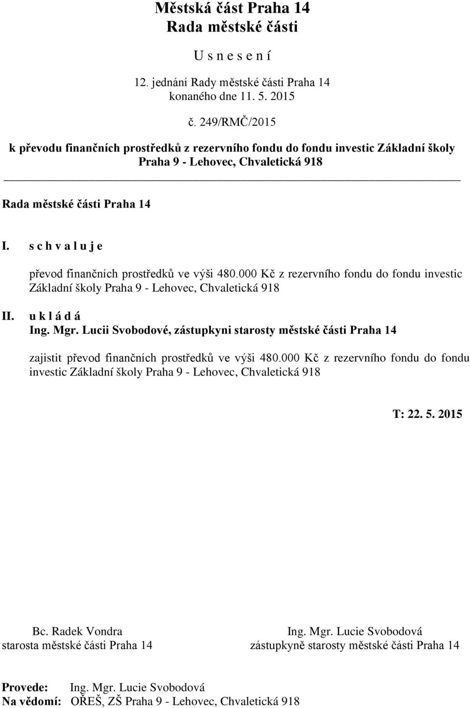 Lucii Svobodové, zástupkyni starosty městské části Praha 14 zajistit převod finančních prostředků ve výši 480.