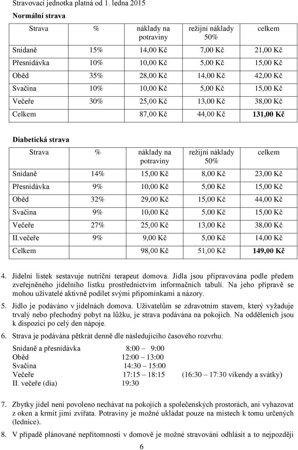 Svačina 10% 10,00 Kč 5,00 Kč 15,00 Kč Večeře 30% 25,00 Kč 13,00 Kč 38,00 Kč Celkem 87,00 Kč 44,00 Kč 131,00 Kč Diabetická strava Strava % náklady na potraviny režijní náklady 50% celkem Snídaně 14%