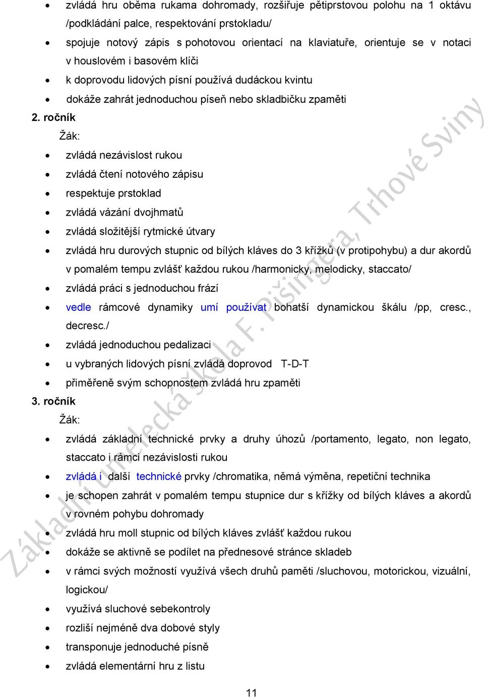 ročník zvládá nezávislost rukou zvládá čtení notového zápisu respektuje prstoklad zvládá vázání dvojhmatů zvládá složitější rytmické útvary zvládá hru durových stupnic od bílých kláves do 3 křížků (v