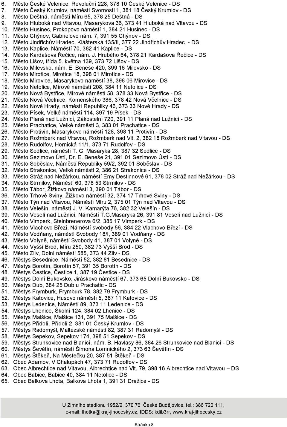 Město Jindřichův Hradec, Klášterská 135/II, 377 22 Jindřichův Hradec - DS 13. Město Kaplice, Náměstí 70, 382 41 Kaplice - DS 14. Město Kardašova Řečice, nám. J. Hrubého 64, 378 21 Kardašova Řečice - DS 15.