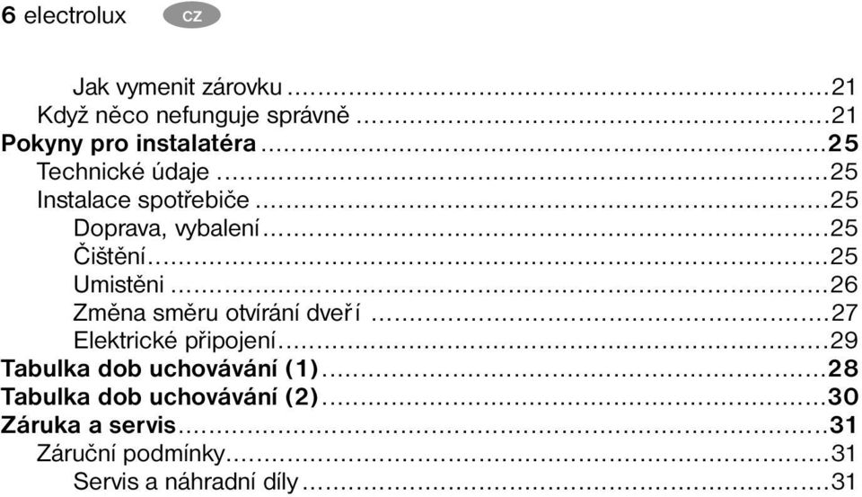 ..26 Změna směru otvírání dveř í...27 Elektrické připojení...29 Tabulka dob uchovávání (1).