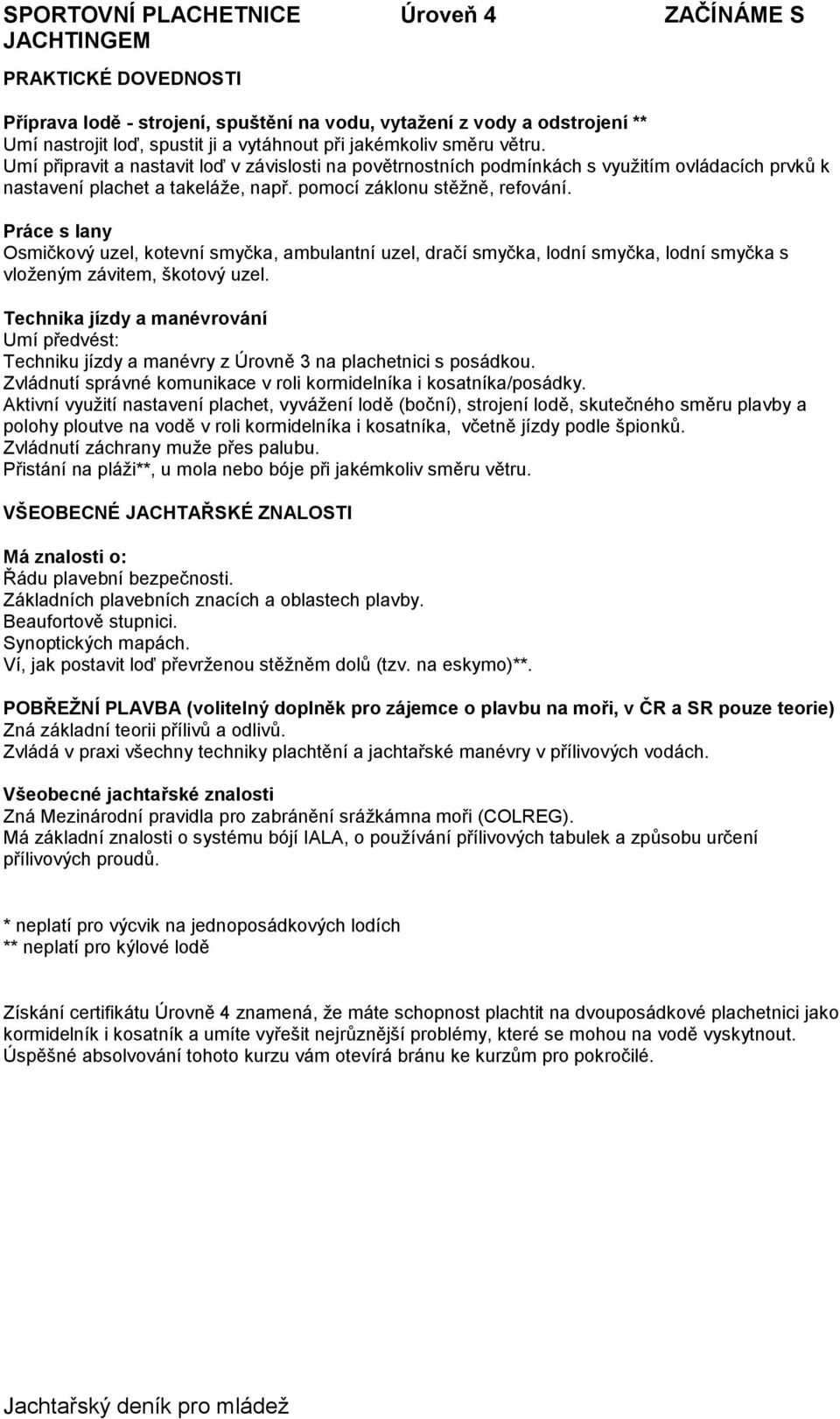 Osmičkový uzel, kotevní smyčka, ambulantní uzel, dračí smyčka, lodní smyčka, lodní smyčka s vloženým závitem, škotový uzel. Umí předvést: Techniku jízdy a manévry z Úrovně 3 na plachetnici s posádkou.