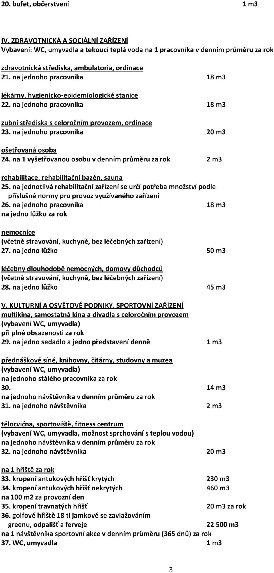 na jednoho pracovníka 20 m3 ošetřovaná osoba 24. na 1 vyšetřovanou osobu v denním průměru za rok 2 m3 rehabilitace, rehabilitační bazén, sauna 25.