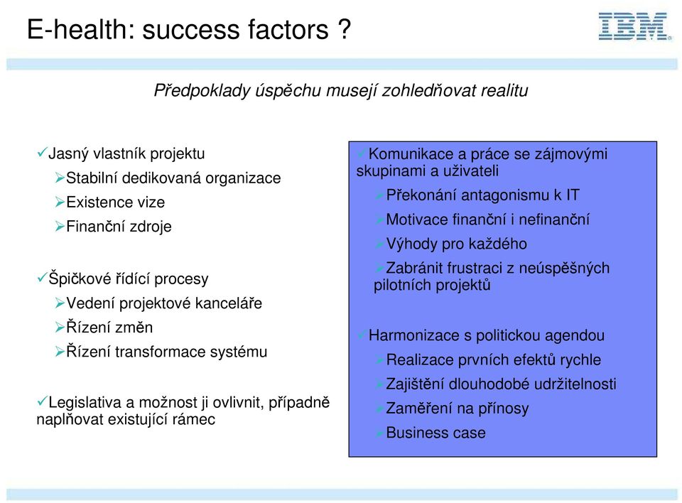 Vedení projektové kanceláře Řízení změn Řízení transformace systému Legislativa a možnost ji ovlivnit, případně naplňovat existující rámec Komunikace a práce