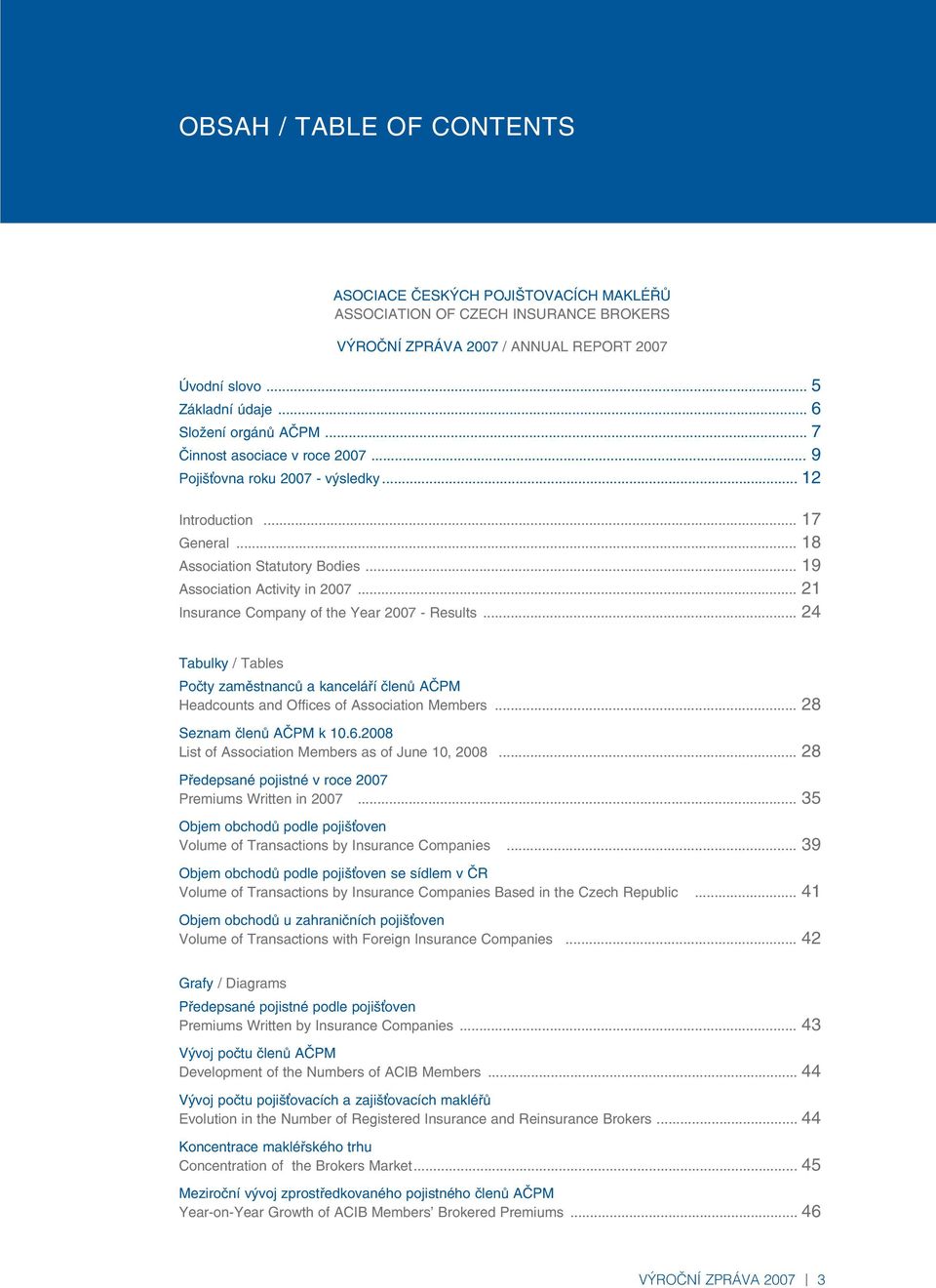 .. 21 Insurance Company of the Year 2007 - Results... 24 Tabulky / Tables Počty zaměstnanců a kanceláří členů AČPM Headcounts and Offices of Association Members... 28 Seznam členů AČPM k 10.6.