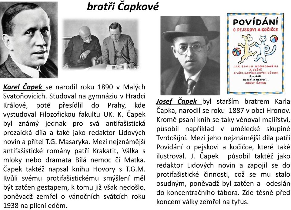 Josef Čapek byl starším bratrem Karla Čapka, narodil se roku 1887 v obci Hronov. Kromě psaní knih se taky věnoval malířství, působil například v umělecké skupině Tvrdošíjní.