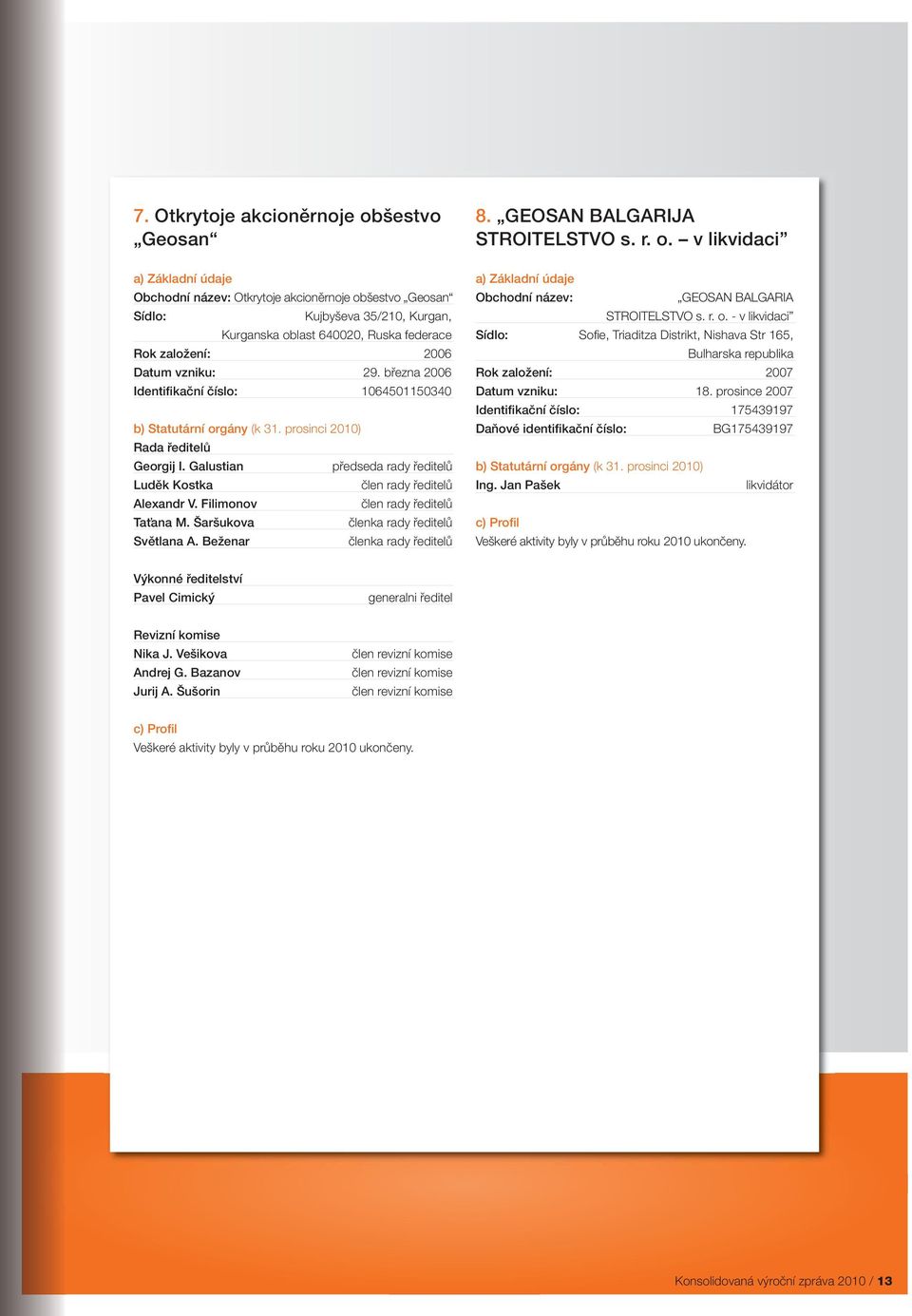 v likvidaci a) Základní údaje Obchodní název: Otkrytoje akcioněrnoje obšestvo Geosan Sídlo: Kujbyševa 35/210, Kurgan, Kurganska oblast 640020, Ruska federace Rok založení: 2006 Datum vzniku: 29.