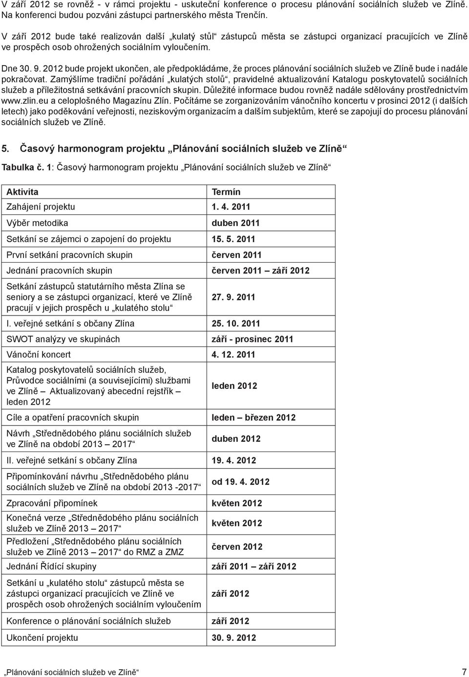 2012 bude projekt ukončen, ale předpokládáme, že proces plánování sociálních služeb ve Zlíně bude i nadále pokračovat.